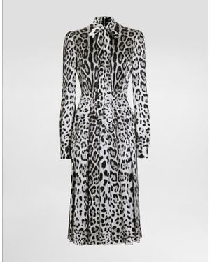 Dolce & Gabbana Satin Calf-Length Shirt Dress With Pussy-Bow And Leopard - White