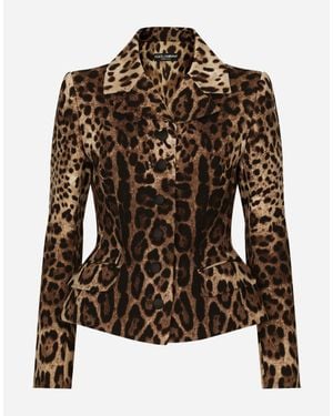 Dolce & Gabbana Single-Breasted Double Crepe Jacket With Leopard Print - Brown