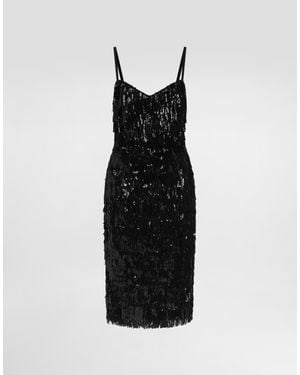Dolce & Gabbana Calf-Length Slip Dress With Sequined Fringing - Black