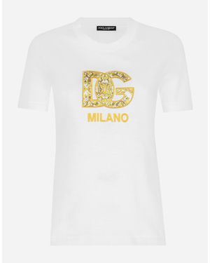 Dolce & Gabbana Cotton Jersey T-Shirt With Majolica-Print Dg Logo Patch - ホワイト