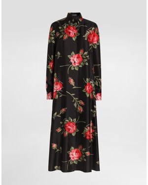Dolce & Gabbana Rose Bouquet-Print Long Twill Dress - Red