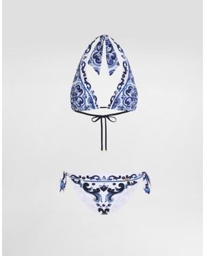 Dolce & Gabbana Dg Exclusive Bikini A Triangolo Stampa Maiolica - Bianco