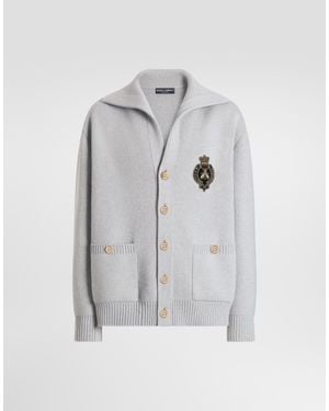 Dolce & Gabbana Virgin Wool Cardigan With Embroidery - Gray