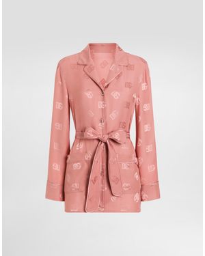 Dolce & Gabbana Long-Sleeved Silk Jacquard Pyjama Shirt With Dg Logo - Pink
