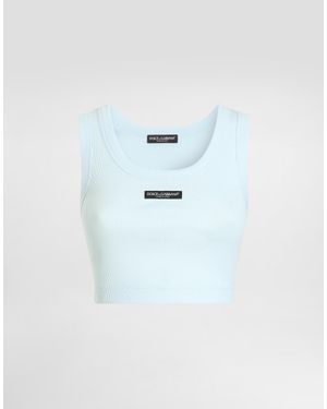 Dolce & Gabbana Cotton Cropped Tank Top With Logo - Blue