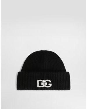 Dolce & Gabbana English Rib Knit Hat With Logo - Black