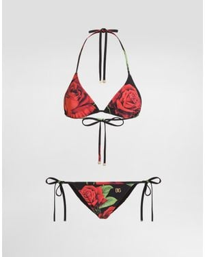 Dolce & Gabbana Triangel-Bikini Mit Rosenprint - Weiß