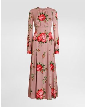 Dolce & Gabbana Rose Bouquet-Print Charmeuse Long Dress - Red