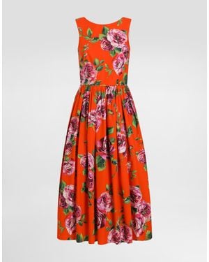 Dolce & Gabbana Cotton Calf-Length Babydoll Dress With Rose - レッド
