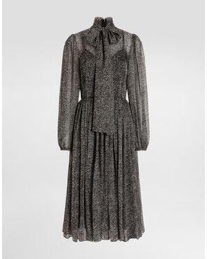 Dolce & Gabbana Silk Chiffon Dress With Chevron Print - Grey