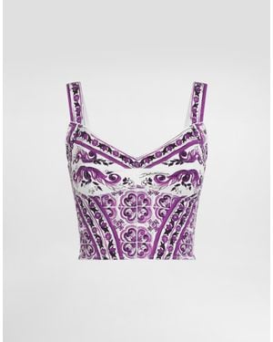 Dolce & Gabbana Majolica-Print Charmeuse Bustier Top - Purple