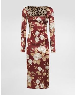 Dolce & Gabbana Vintage Rose Print Satin Midi Pencil Dress - Multicolour