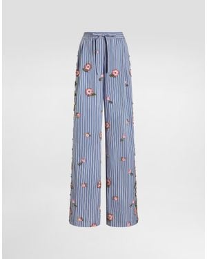 Dolce & Gabbana Poplin Trousers With Floral Embroidery - Blue