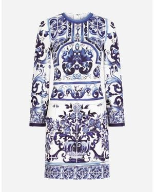 Dolce & Gabbana Abito corto in organzino stampa maiolica - Blu