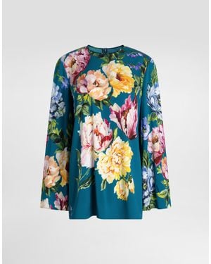 Dolce & Gabbana Peony-Print Charmeuse Top - Blue