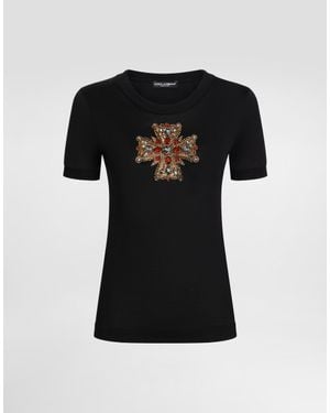 Dolce & Gabbana Cotton T-Shirt With Swarovski Cross - Black