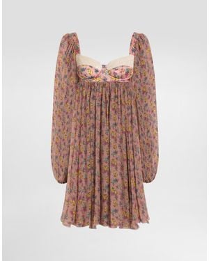 Dolce & Gabbana Small Floral-Print Chiffon Dress With Lace - Brown