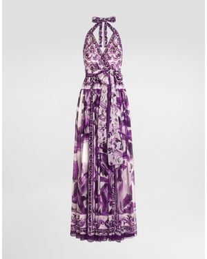 Dolce & Gabbana Majolica-Print Long Chiffon Dress - Purple