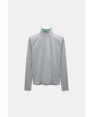 Dorothee Schumacher Fine Rib Cotton Turtleneck With Two-Tone Collar - Gray