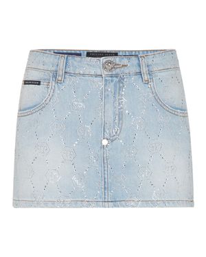 Philipp Plein Denim Mini Skirt Strass Monogram - Blau