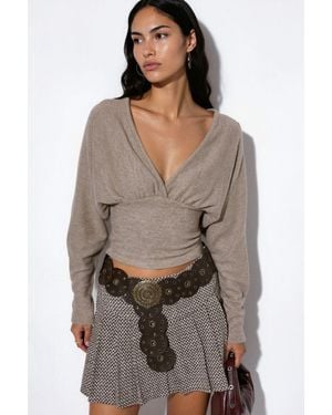 Busem Damen V-Ausschnitt Crop Strick Wickeloberteil - Braun
