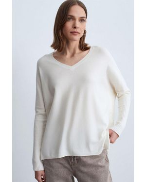 Dilvin Damen V-Ausschnitt Rippstrickpullover - Weiß
