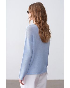 Dilvin Damen Rippstrick Boot-Neck Pullover - Blau