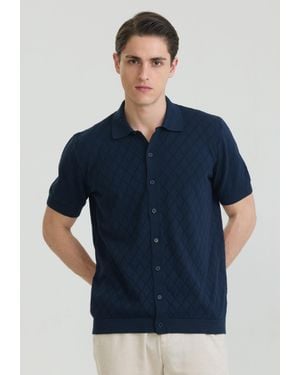 Felix Hardy Hemd Kurzärmeliges Basic-Strickhemd Mit Knöpfen - Blau
