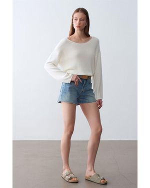 Dilvin Damen Rippstrick Boot-Ausschnitt Pullover - Blau