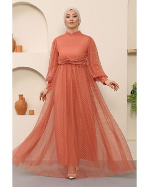 Moda Mihram Kleidinci Detailliertes Tüllabendkleid - Orange
