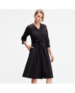 S&J Weekends Minimalistisches Hemdblusenkleid Aus Baumwolle Mit Geknotetem Gürtel - Schwarz