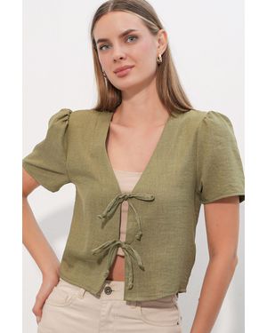 Bigdart Texturiertes V-Ausschnitt Crop-Top Aus Leinen-Mix - Grün