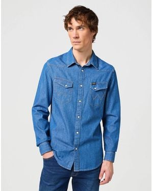 Wrangler Langarm-Westernhemd Mid Stone - Blau