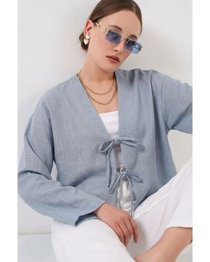 Bigdart Viskose-Mix V-Ausschnitt Langarm-Kimono Mit Bindungsdetails - Grau