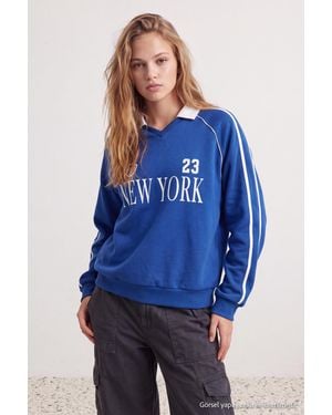 Trendyol Mi̇Lla Damen Dunkelblau Mit Slogan Lang, Oversize Sweatshirts