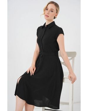 Bigdart Knopfleisten-Hemdkragen A-Linien Midi-Kleid Mit Bindungsdetails - Schwarz