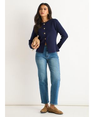 Gini London Marineblaue Strickjacke Mit Goldenen Knöpfen Und Rippmuster