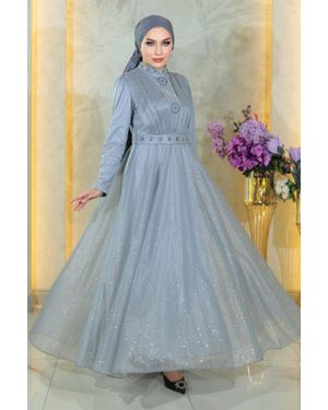 Moda Mihram Elbisestein Detail Drapiert Pailletten Abendkleid - Blau