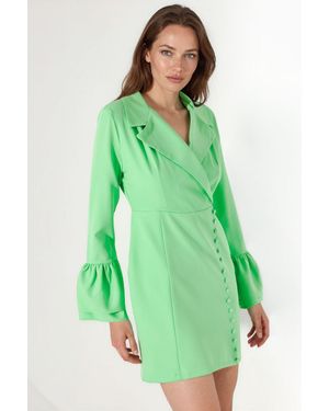 Msn-Collection Tailliertes Mini-Kleid Mit V-Ausschnitt Und Knöpfen - Grün
