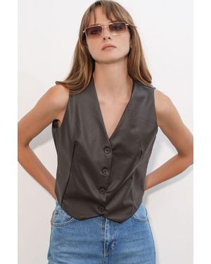 Bigdart Kunstleder V-Ausschnitt Knopfbesteckter Crop-Top-Weste - Schwarz