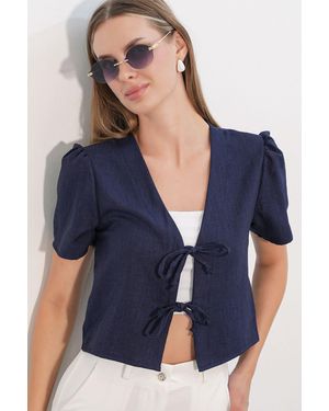 Bigdart Strukturiertes V-Ausschnitt Leinen-Mix Crop Top - Blau