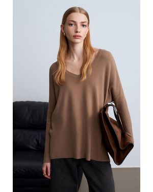 Dilvin Damen V-Ausschnitt Rippstrickpullover - Braun