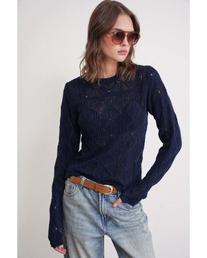 MixRay Strickpullover Mit Strukturiertem Muster Und Rundhalsausschnitt - Blau