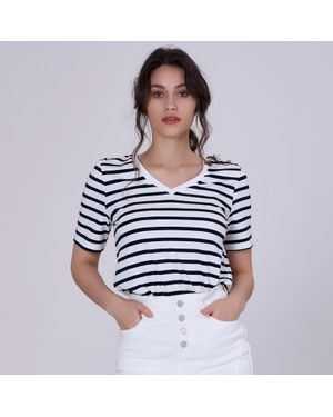 S&J Weekends Gestreiftes Baumwoll-T-Shirt Mit V-Ausschnitt - Blau
