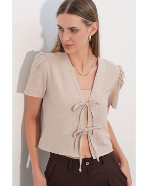 Bigdart Strukturiertes V-Ausschnitt Leinen-Mix Crop Top - Natur