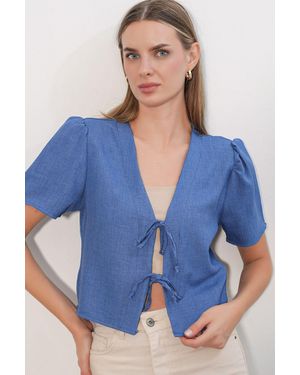 Bigdart Strukturiertes V-Ausschnitt Leinen-Mix Crop Top - Blau