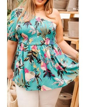 Azura Exchange Plus-Size Blumen Smocked Oberteil Einfache Puff Kurzarm Babydoll Bluse - Blau