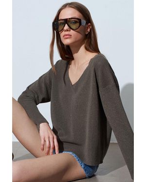 Dilvin Damen V-Ausschnitt Rippstrickpullover - Schwarz