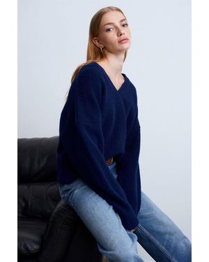 Dilvin Damen V-Ausschnitt Rippstrickpullover - Blau