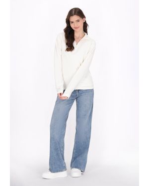 myMo Fleecepullover Damen Weiss - Blau